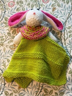 Hand-Knitted Bunny Lovey in Bright Green and Pink - Plush Comfort Toy